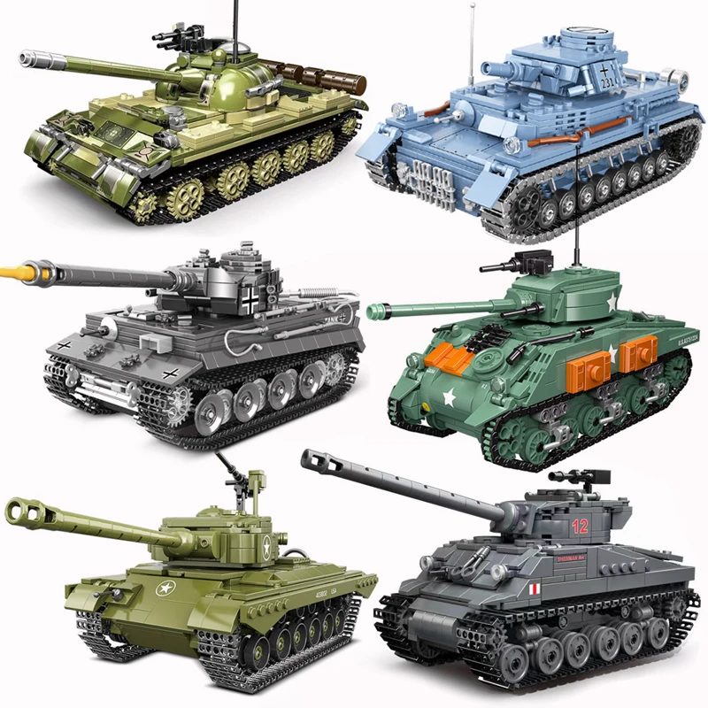 

6 Types 1:35 ww2 Military Tank Building Blocks Army Sherman M4 Firefly T54 Soldier Figures Weapon Bricks Toys for Kids Boys Gift