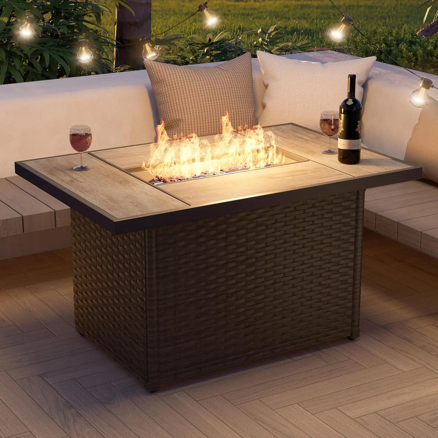 Grand patio Outdoor Propane Fire Pit Table with Cover/Lid for Patio, 43 inch 50,000 BTU,Wicker/Rectangle