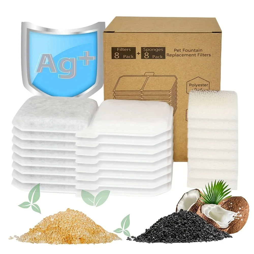 

8 Pack Cat Water Fountain Replacement Filters + 8 Pack Replacement Pump Filters Multi-Filtration System Activated Carbon Filter