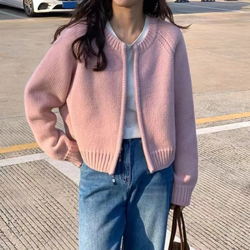 Grijze vesten met rits voor dames herfst winter ronde hals gebreide trui jassen vrouw effen crop vesten met lange mouwen vrouwelijk