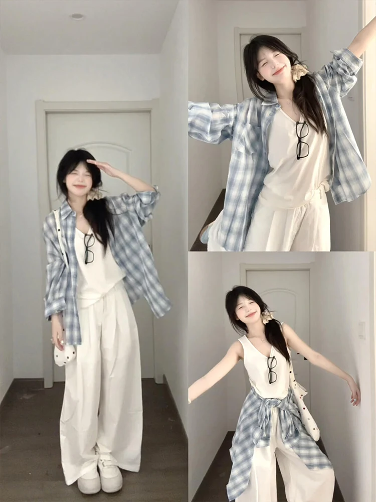 Korean Sle Anti-Uv Long Sve Plaid irt Women's Spring Autumn New High-End Feeling Personali Top Coat Vintage Loose Fit