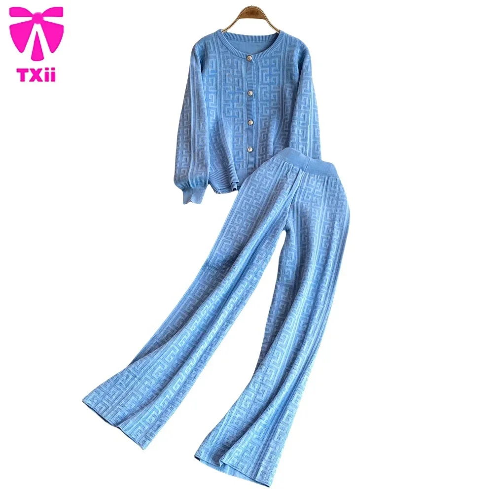 TXii Advanced style knitted sweater set for women with French temperament jacquard cardigan sweater+ slimming wide leg pants