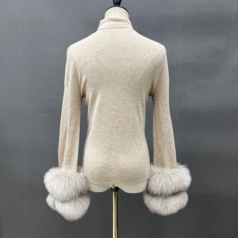 Customized Turtleneck Knitted Sweater with Real Fox Fur Cuffs Fashion Casual Genuine Wool Warm Pullover Sweater S5573B