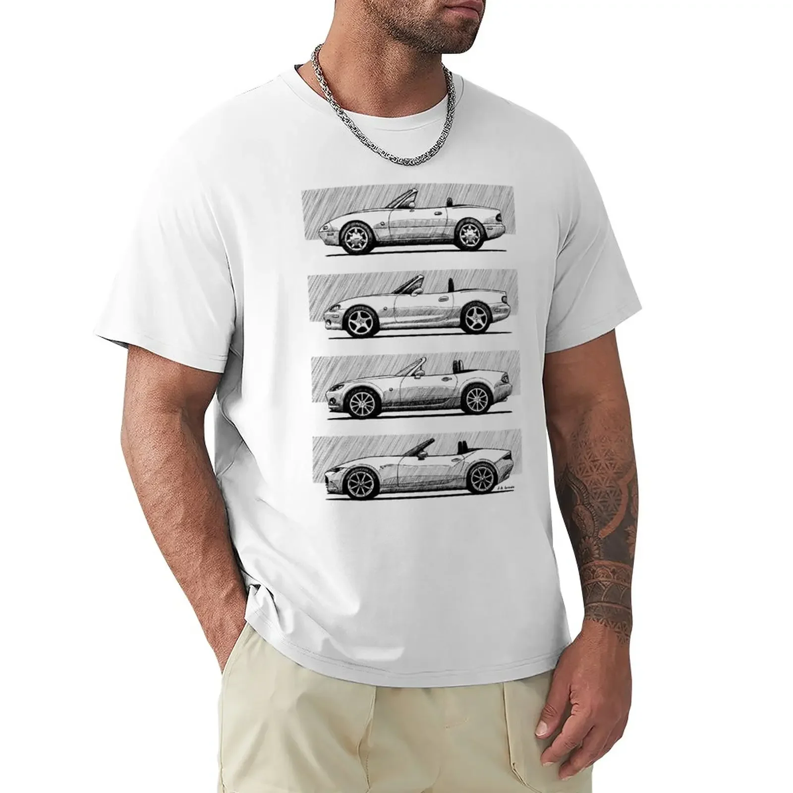 

My drawing of classic NA, NB, NC, and ND convertible sports roadster cars T-Shirt aesthetic clothes mens big and tall t shirts