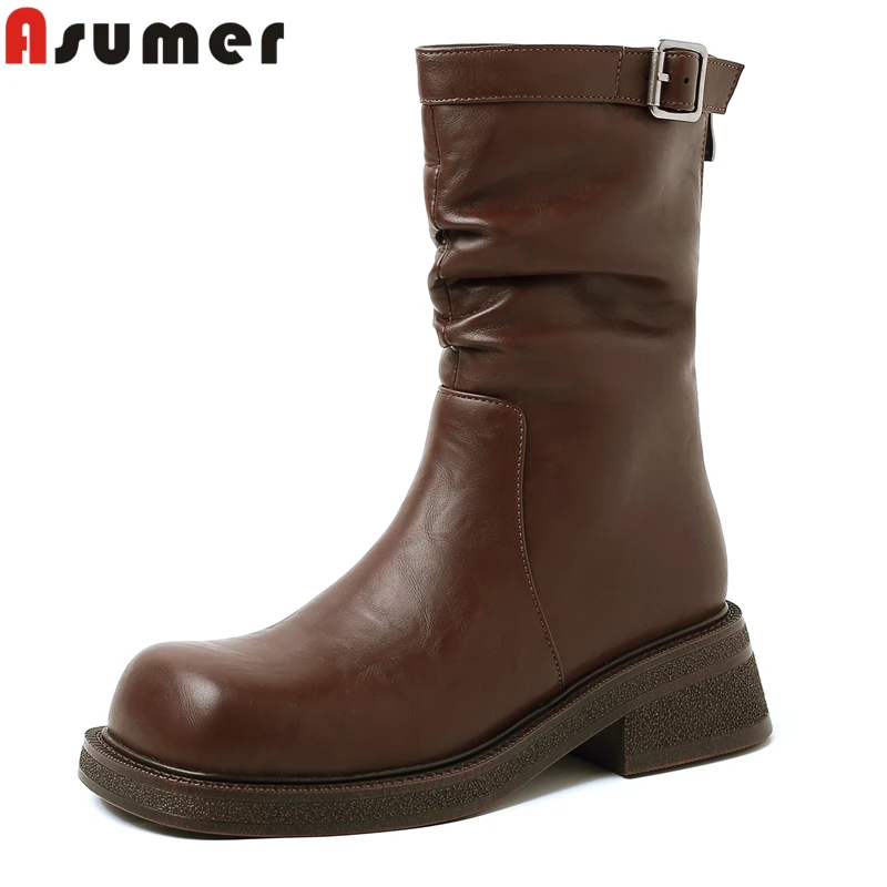 

ASUMER 2025 New Arrival Leather Women Boots Autumn Winter Platform Ankle Boots Zipper Round Toe Women's Motorcycle Boots