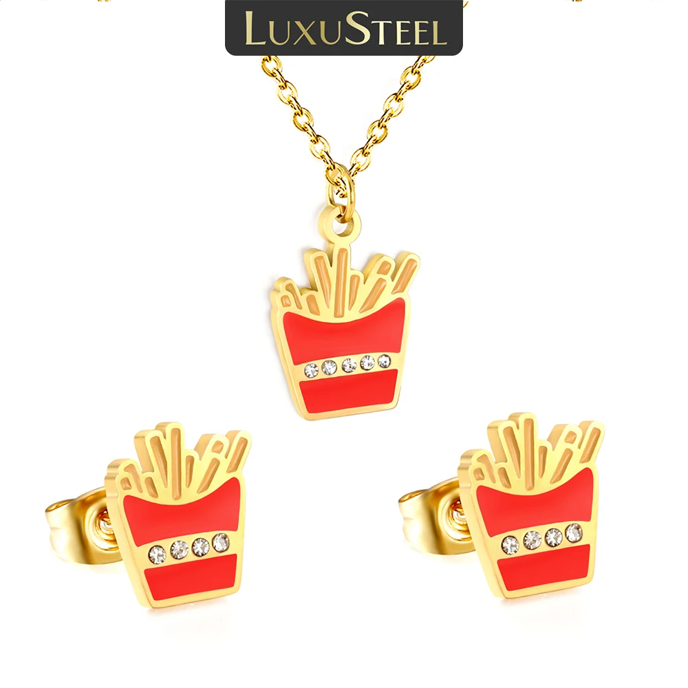 LUXUSTEEL Oil Dripping Pendants Necklace Earring Sets For Women Stainless Steel French Fries Shaped Necklace Ear Jewelry Gift