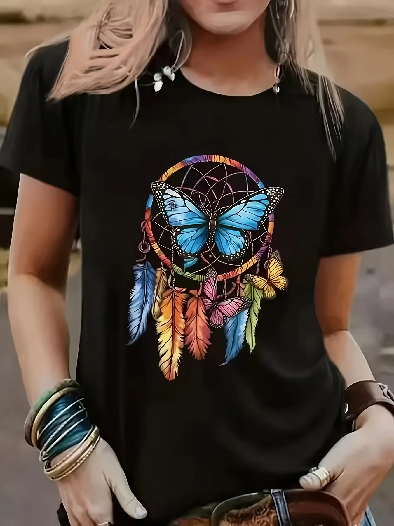 Summer New Trendy and Colorful Dream Catcher Butterfly Print T-shirt Artistic and Personalized Daily Casual Top