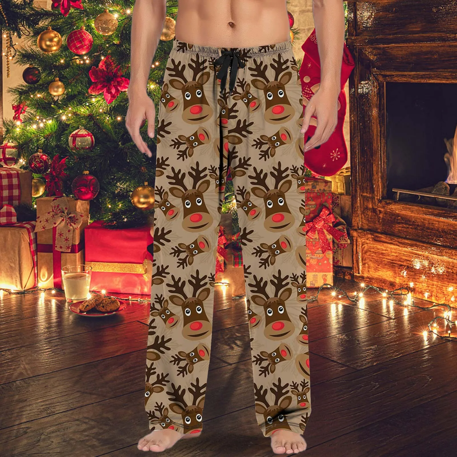 Christmas Reindeer Printed Men Casual Pajama Pants With Drawstring Pockets Christmas Gift Men Straight Loose Sleepwear Trousers