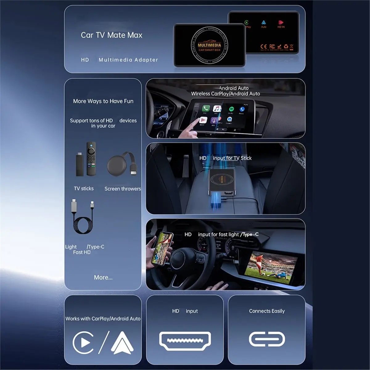 

HowAA87 3-в-1 беспроводной CarPlay TV-бокс с Android Auto, HDMI-совместимый, с декодированием 4K, умный AI-бокс для автомобилей с iOS и Android