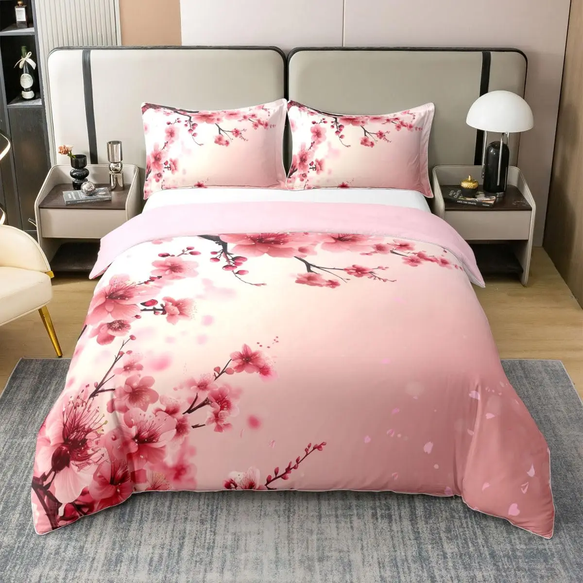 Peach Blossom Duvet Cover Twin Queen Size,Botanical Floral Bedding Set,Romantic Comforter Cover for Girls Woman Adult Room Decor