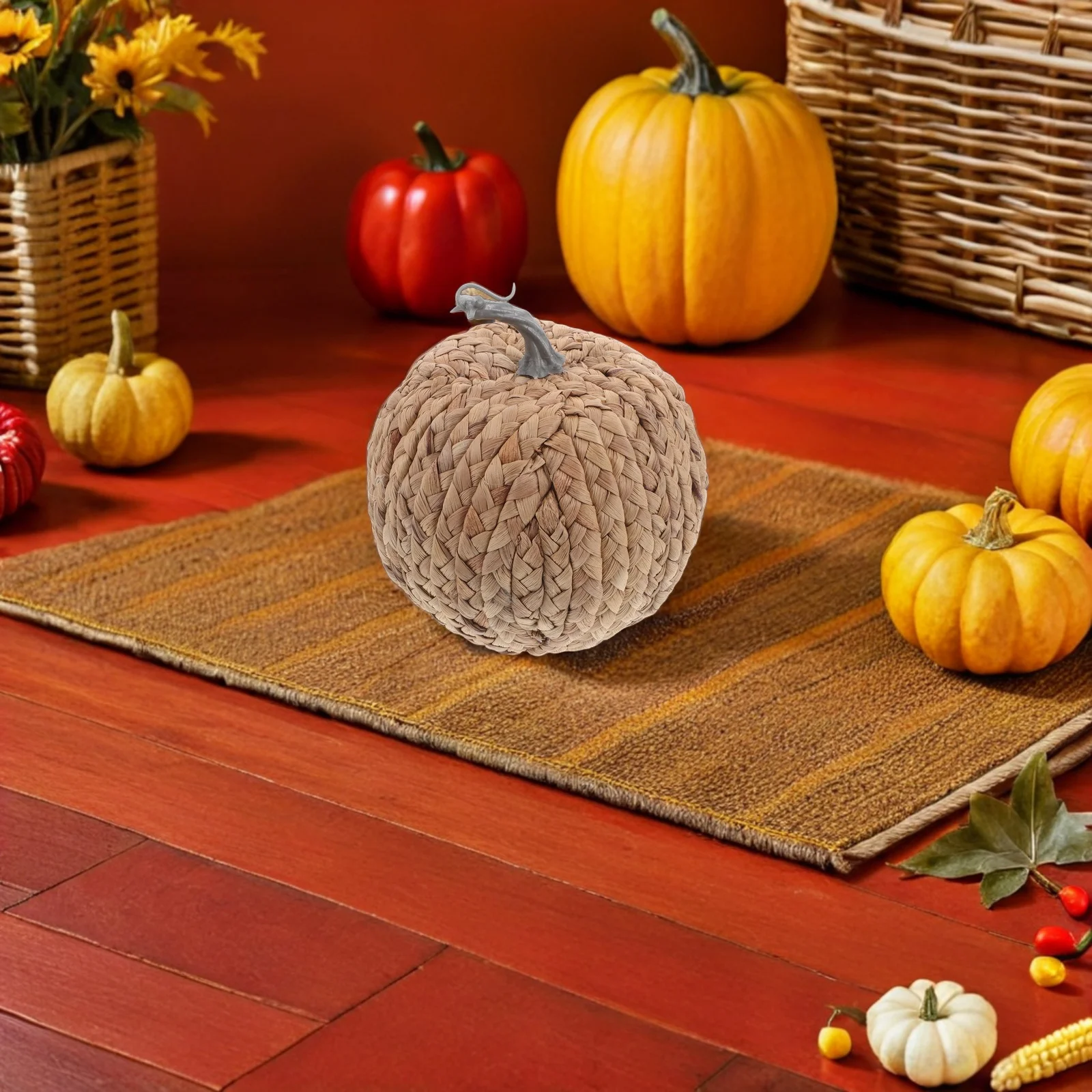

Woven Pumpkin Decor Handmade Seagrass Artificial Fall Ornament Thanksgiving Halloween Table Centerpiece Harvest Decoration