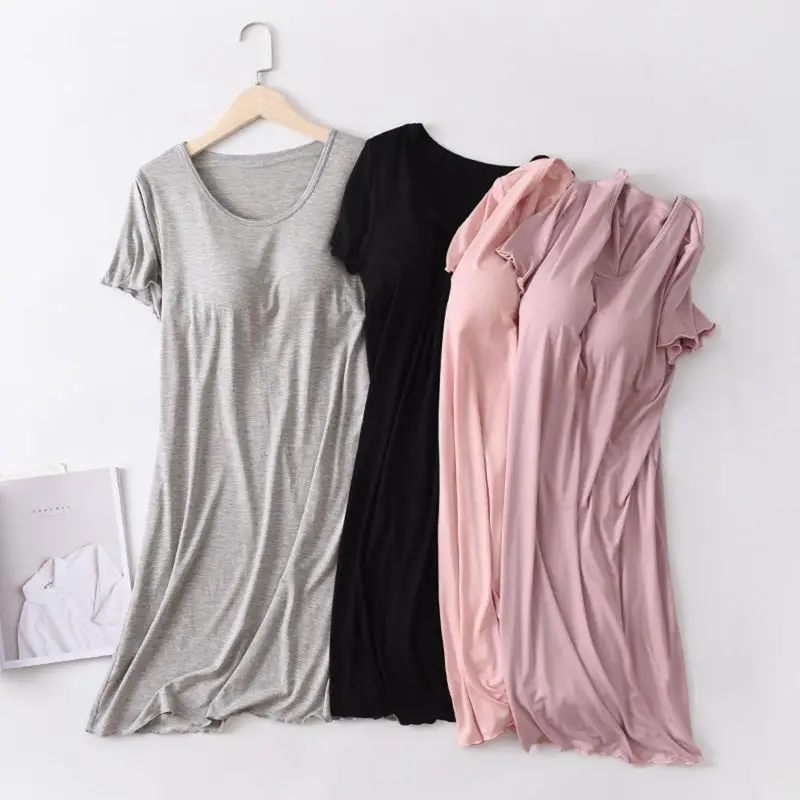 

Nightdress with Built-in Bra Short Sleeve Ruffle Hem Sleepwear for Women
