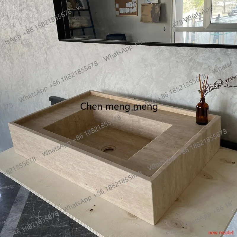 

Luxury High-End Nordic Light Natural Travertine Countertop Sink for Bathroom Courtyard F132