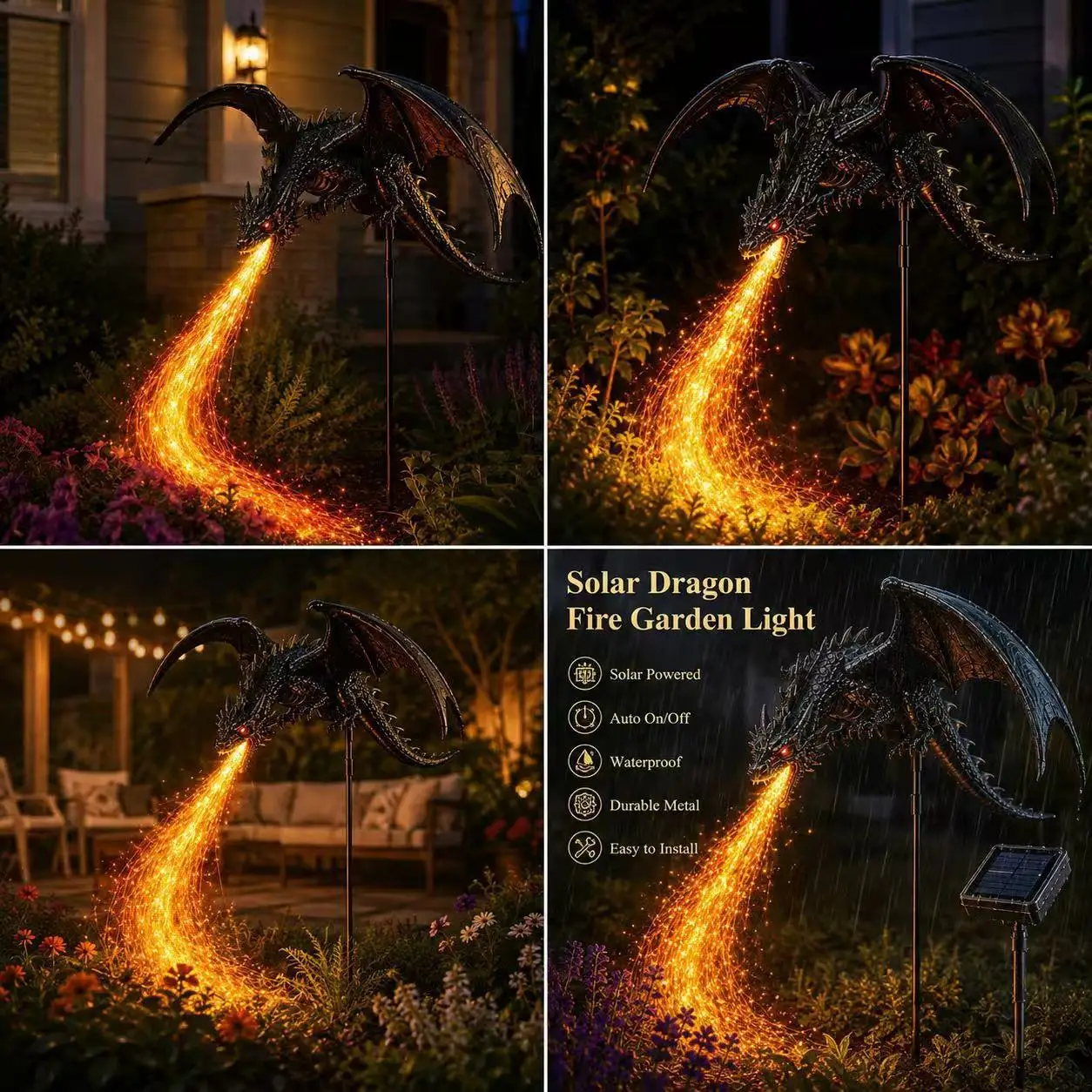 Solar Dragon Fire Garden Light, Solars Powered Dragons Figurine Flame Stake Lights For Outdoor Lawn, Pathway Resin Decor Light - view 6