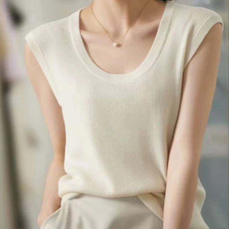 Sleeveless knitted Vest for Women, High-quality Wool, Summer New U-neck French Lazy Style Thin Casual Temperament Versatile Tank