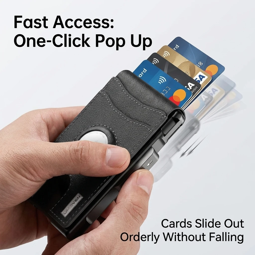 Men RFID Blocking Pop Up Card Holder Slim Leather Wallet With AirTag Slot Automatic Metal Credit Card Case Business Purse