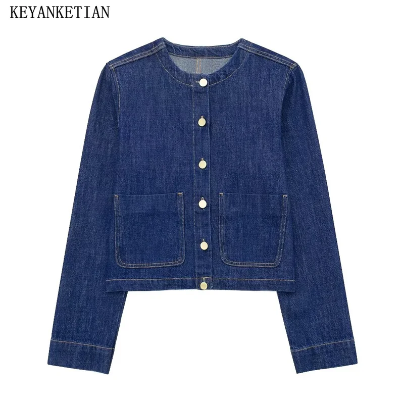 

KEYANKETIAN 2024 New Launch Women's Dark Blue Denim Jacket Autumn Unisex style Single Breasted O-Neck Pockets Short Coat Top