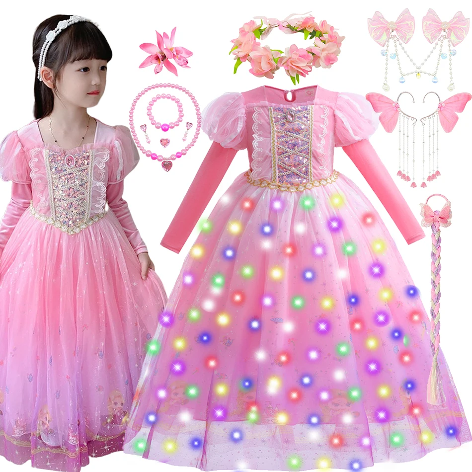 Mädchen Rapunzel Prinzessin Kleid Tangled Halloween Party Kostüm Kinder Luxus Druck Ballkleid Spitze Pailletten Farbverlauf Flauschige Kleider