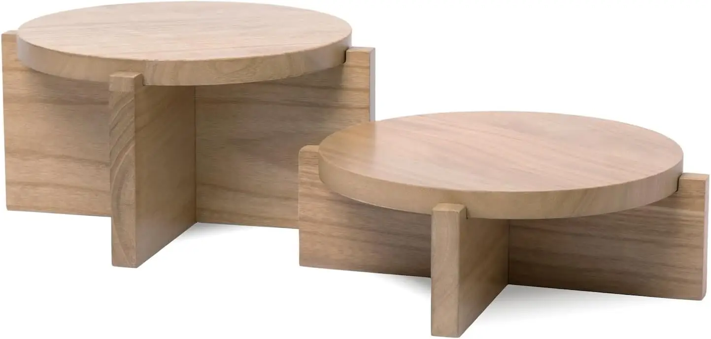 

Natural Wood Riser Set of Two - Large 10” Round Wooden Plant Stands Indoor - Wood Pedestal Stands for Plants, Cakes, Drink