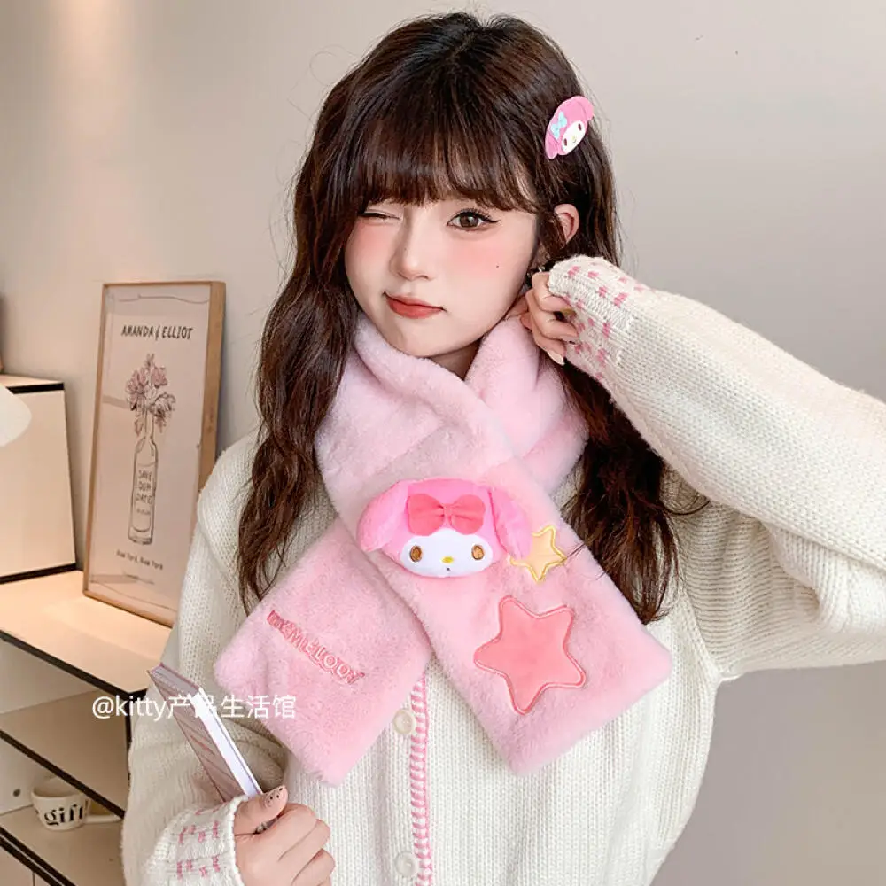 Bufanda gruesa de dibujos animados Cinnamoroll para mantener el calor Sanrio Kawaii Hello Kitty Melody bufanda de felpa Anime invierno niñas lindo regalo de Festival