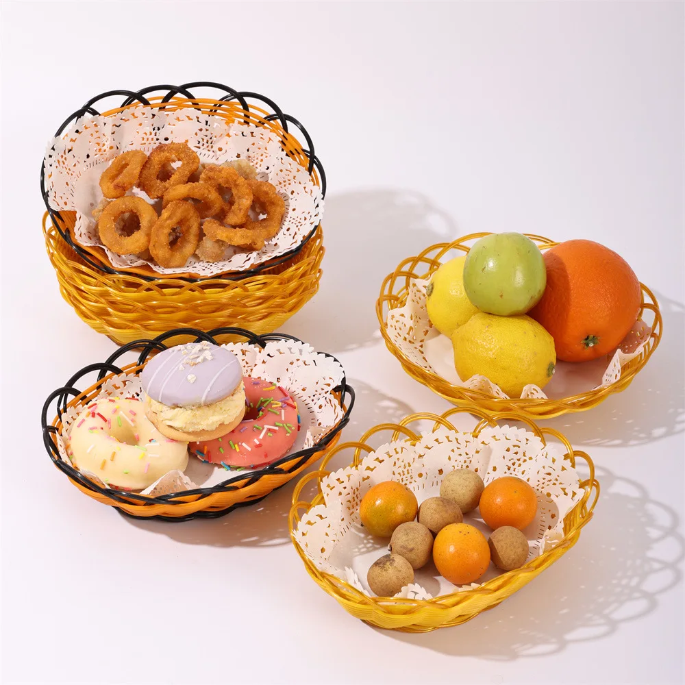 Imitation Rattan Fruit Basket Indian Flying Cake Snack Basket Fruit Tray Food Storage Round Woven Bread Basket for Home Kitchen