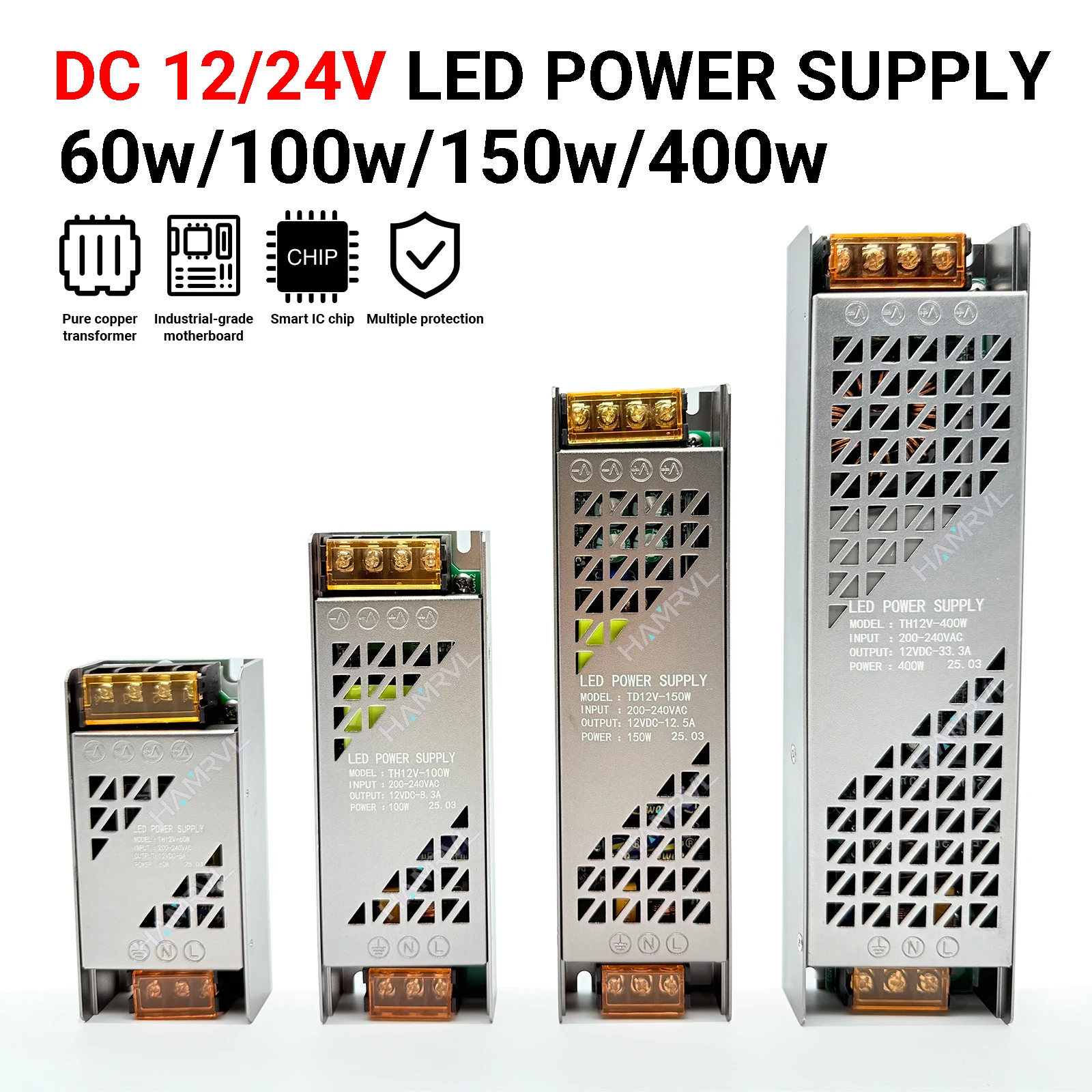 60-400W Voltage LED Driver 12V/24V Ultra Thin Power Supply for LED Strip Lights AC to DC Transformer for Home Commercial Lightin
