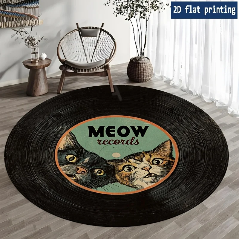 Round Cat Records Vinyl Turntable Mat Rug Polyester Fluffy Floor Cushion for Living Room Pet Lover Home Decor