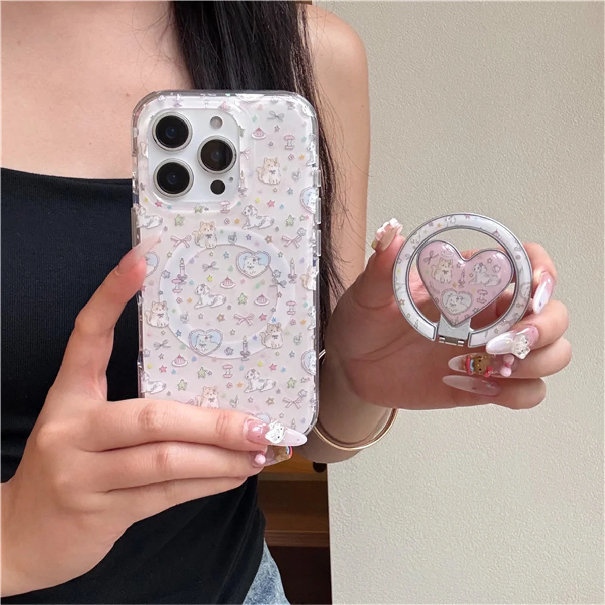 

Funny Cute Cartoon Puppy Cat Magnetic Phone Case For iPhone 16 Pro 14 15 Pro Max Back Cover with Stand Holder Kawaii Cases Funda