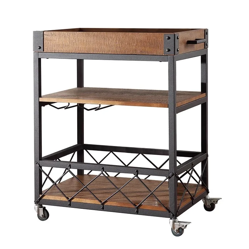 American retro solid wood mobile dining cart trolley rack kitchen living room storage rack hotel wine trolley