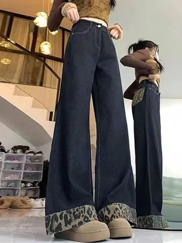 

Американские ретро леопардовые принты в стиле пэчворк, высокая талия, прямые широкие джинсы, женская одежда, повседневная износостойкая одежда