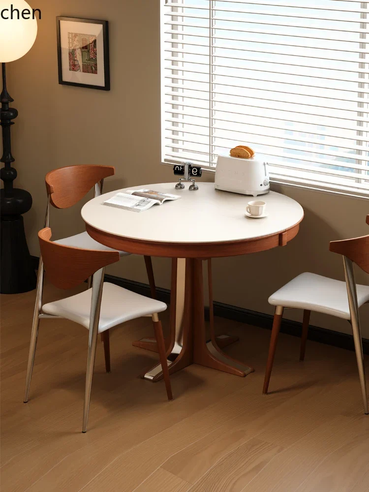 i5.15 Rock Slab Extendable Dining Table Vintage Style Round Solid Wood Small Apartment Round Table Living Room Folding