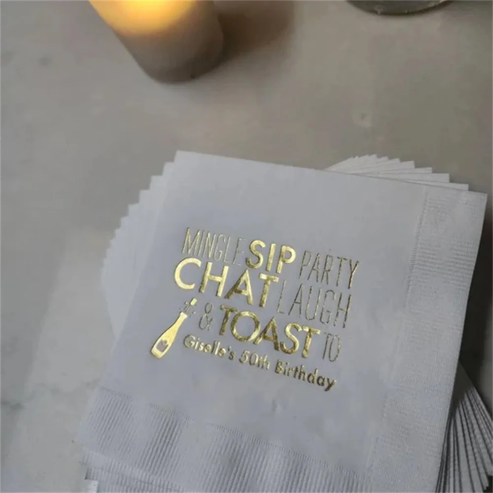 50PCS Custom Champagne Cocktail Napkin - Mingle, Sip, Party - Personalized Foil Stamped Linen Like Party Napkins, Birthday, Reti