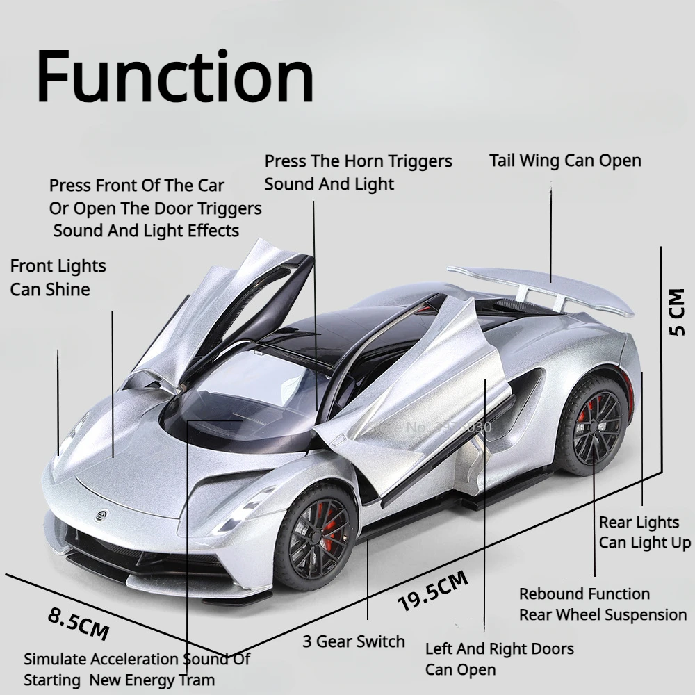 1/24 Scale Lotus Evija Sports Car Model Toy Alloy Diecast Simulation Electric Vehicles with Pull Back Sound Light Gifts for Boy