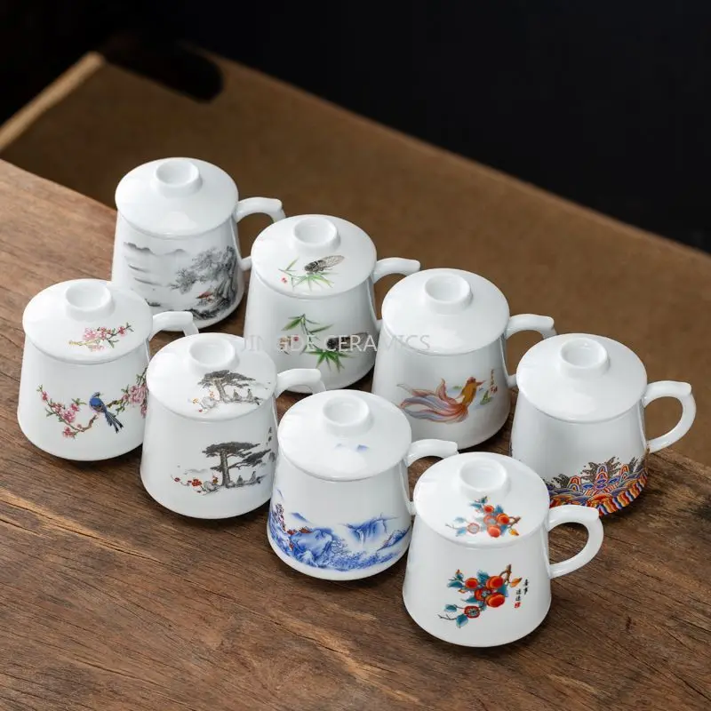 Ceramic Mug with Lid, White Porcelain Office Tea Cup, Persimmon Pattern Handled Water Cup for Home Desk Decor Gift 420ml