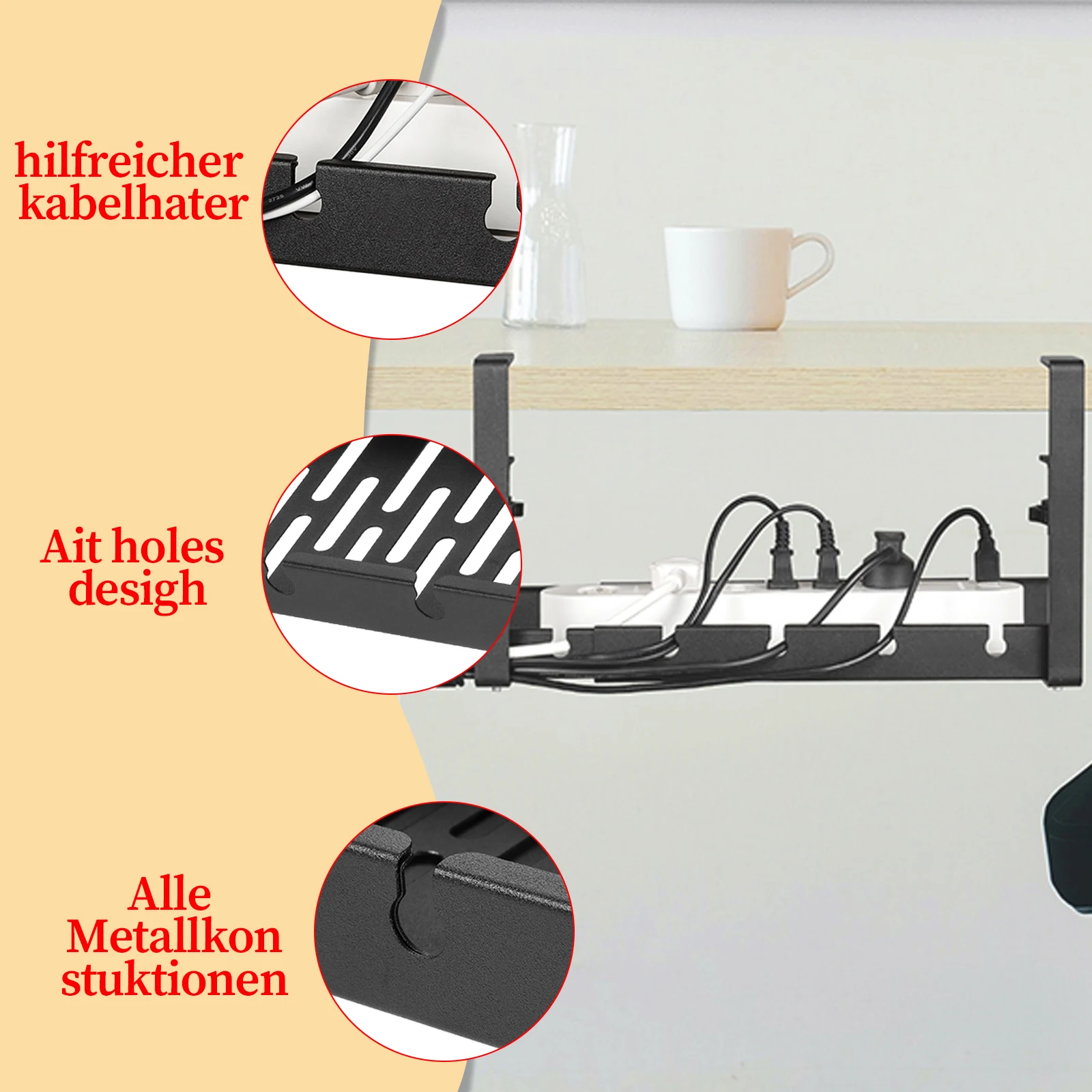 1 قطعة صواني مرتبة لكابل المكتب، إدارة الكابلات تحت المكتب، سلة كابل غير مثقاب معدنية، صينية إدارة الكابلات قابلة للتعديل، كابينة سوداء