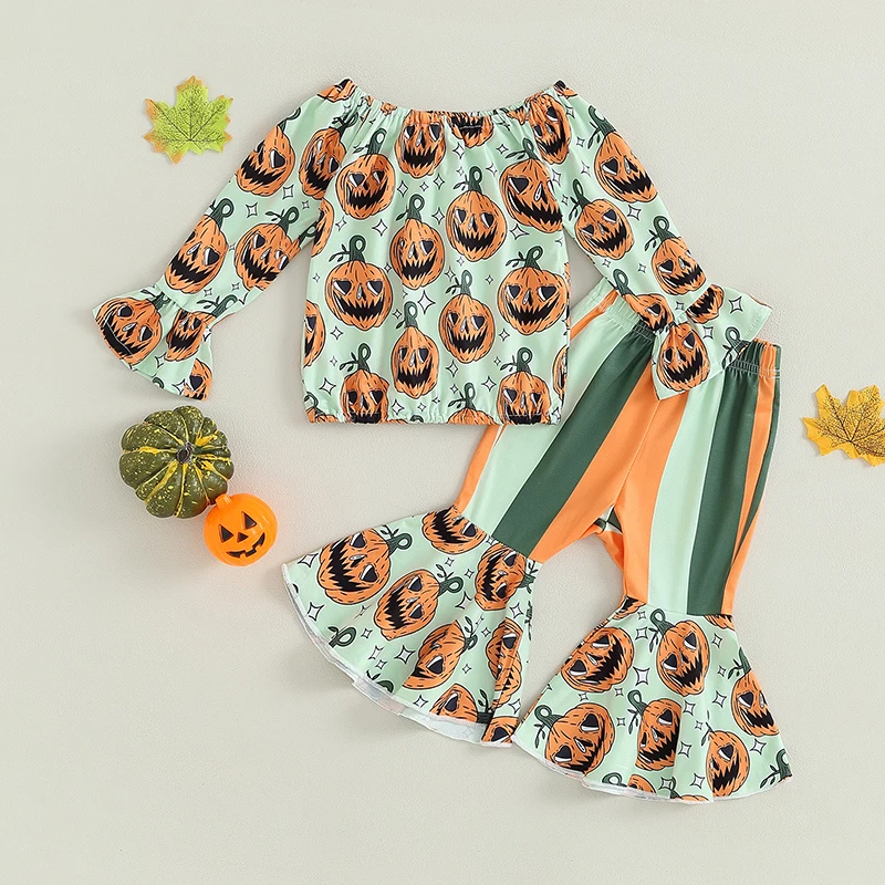 

2023-07-17 Lioraitiin 0-4Years Toddler Baby Girl Halloween Outfits Off Shoulder Long Sleeve Pumpkin Print Tops Flare Pants Set