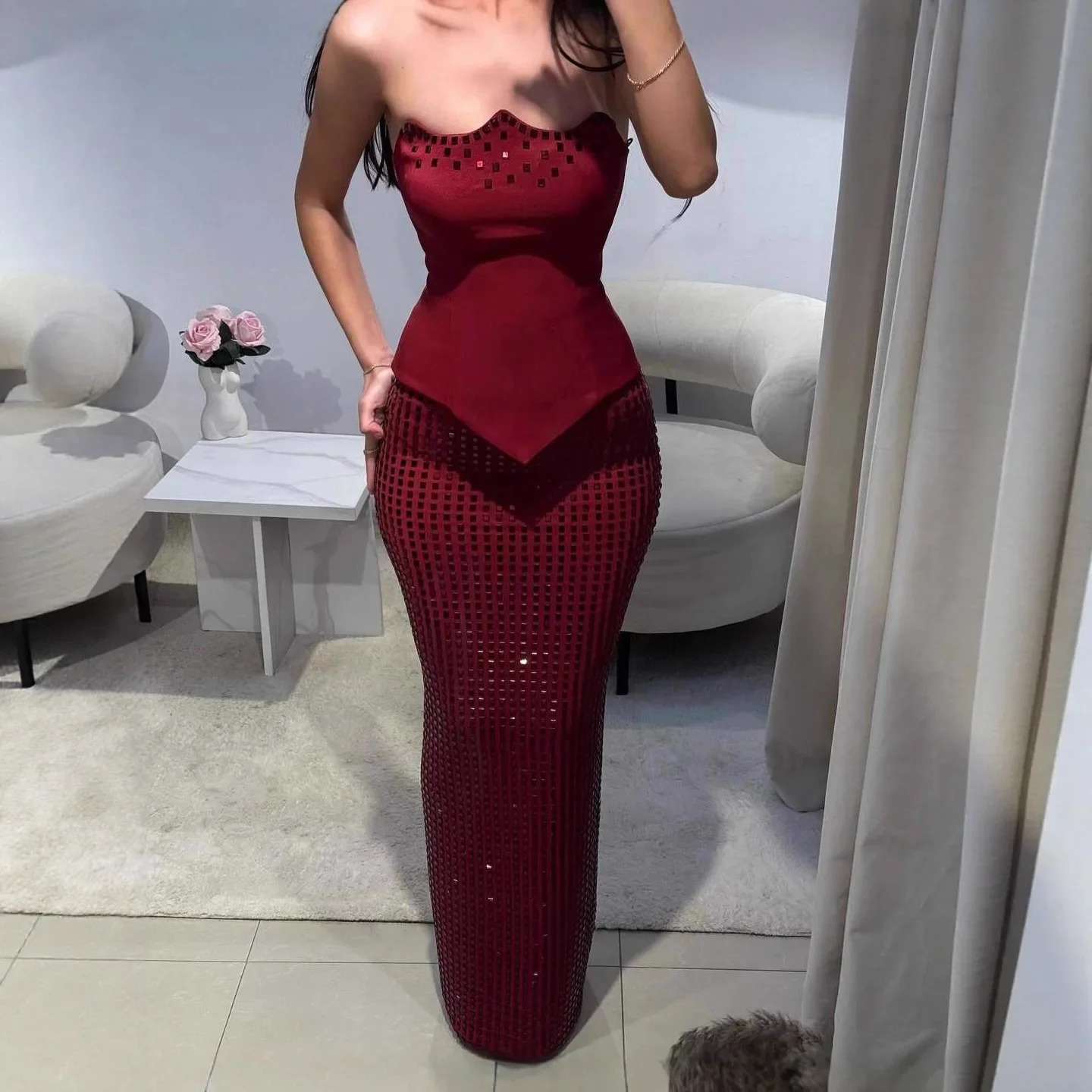 

Shiny Rhinestone Strapless Sexy Strapless top & Long Dress Two-Piece Set Backless High Waist Bodycon Hostess Ball Gown Skirt Set