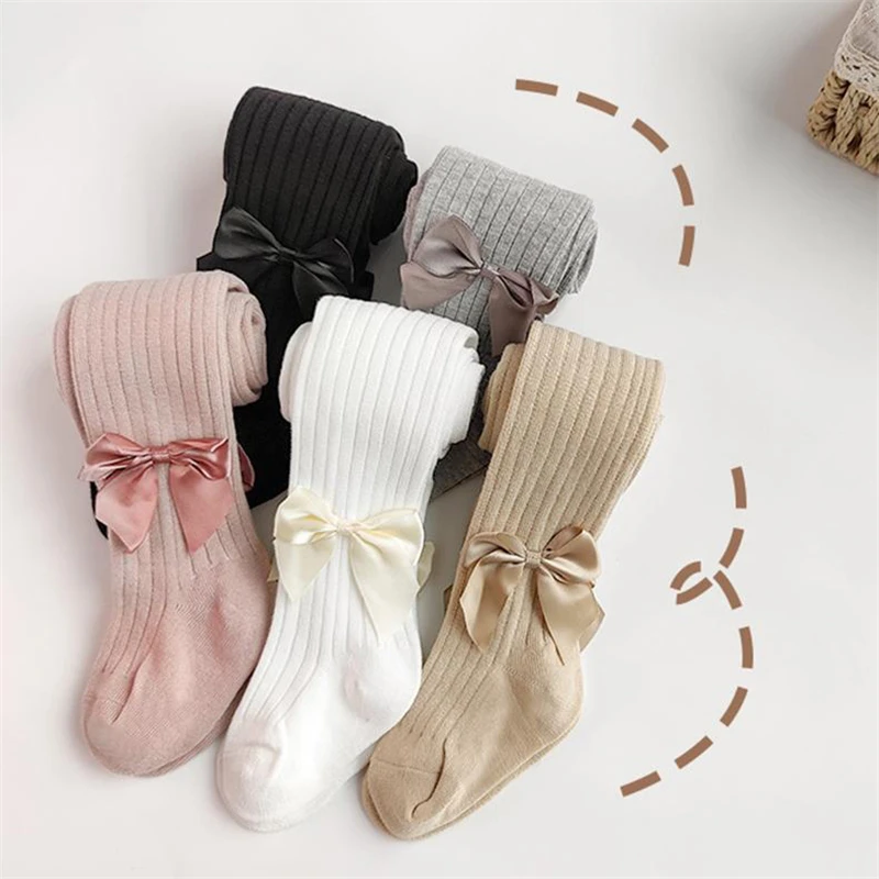 3Pieces Children Girls Tights Solid Color Ribbed Bow Knit Pantyhose Stretch Soft Leggings For Infant Toddler Baby Spring Autumn
