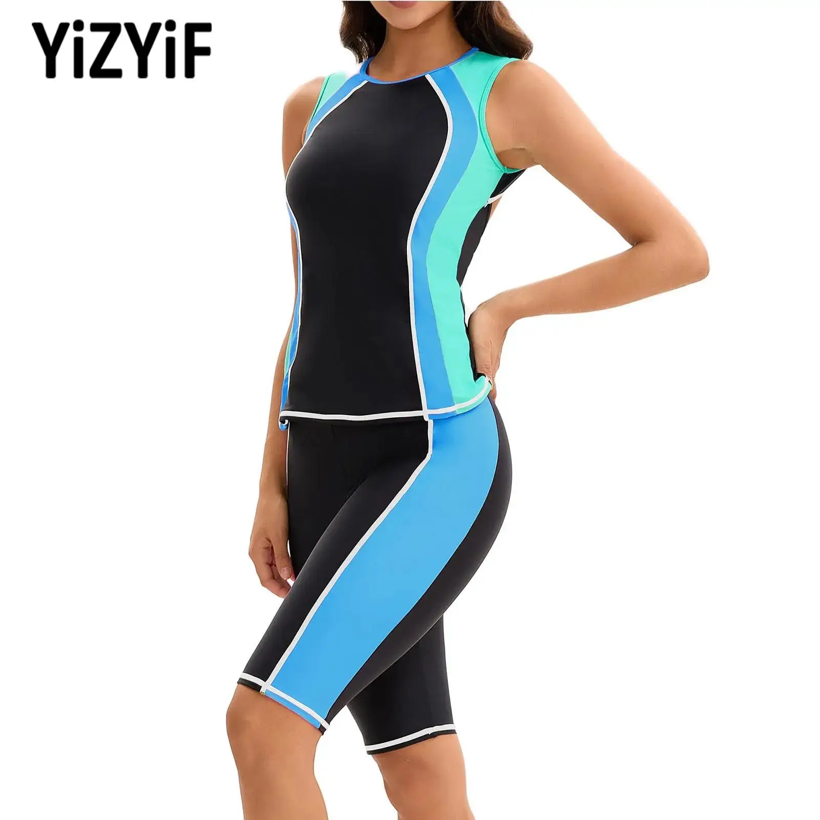

Women Swimming Outfit Swimsuit Sleeveless Chest Pad Back Cutout Top+Shorts Set Woman Workout Surfing Diving Pool Party Beachwear
