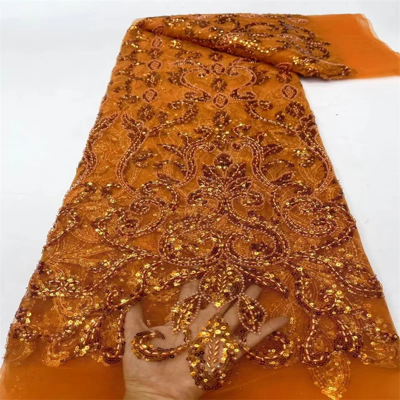 Nigerian Bead Tube Embroidery Lace Fabric, African Sequin, French Tulle, Women Dress Sewing, High Quality, Orange, 5Yards