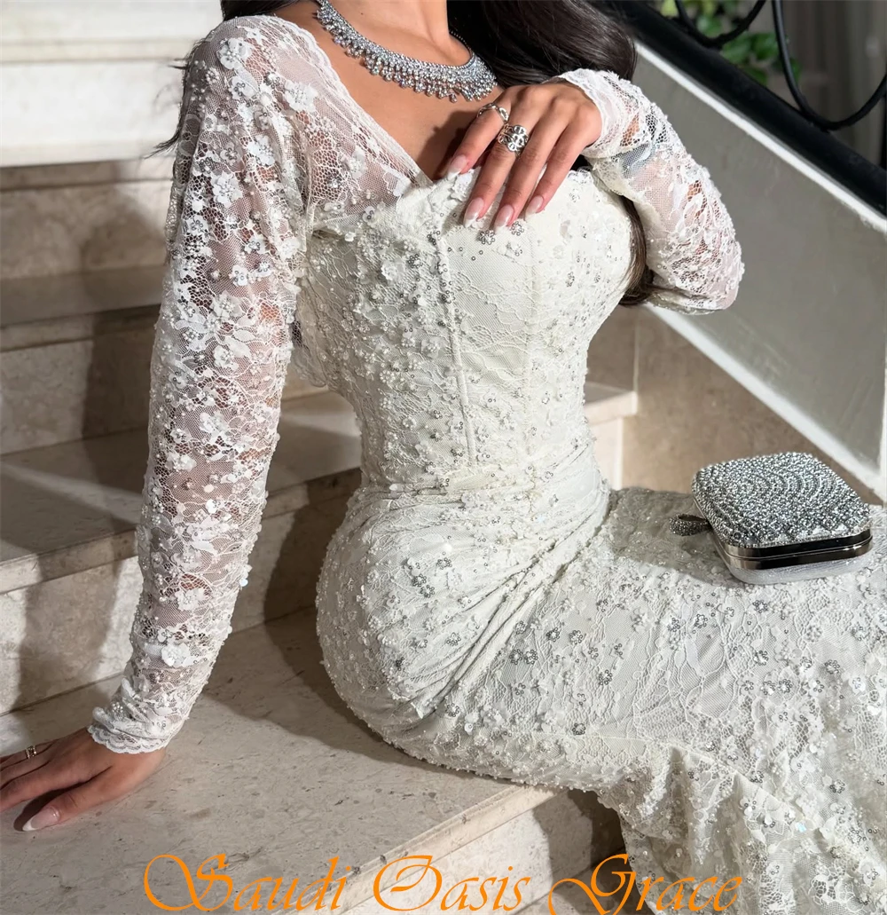 Robe de soirée en dentelle blanche, personnalisée, élégante, col carré, manches longues, robes de soirée, Sexy, sirène, perles, robes de célébrité