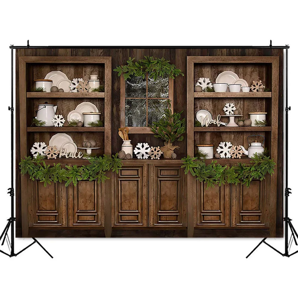 Kitchen Room Backdrop for Photography Winter Snow Christmas House Wood CupBoard Background for Kids Portrait Photocall Studio