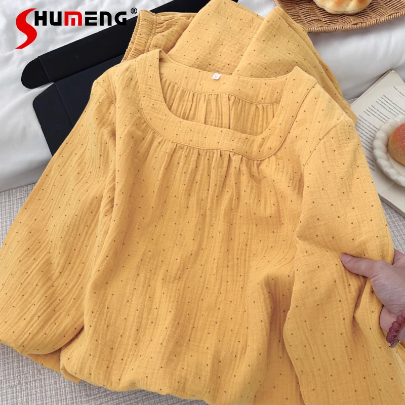 ربيع الخريف القطن الخالص Homewear للنساء جولة الرقبة البولكا نقطة منامة الإناث النمط الياباني طويلة الأكمام المتسكعون مجموعة