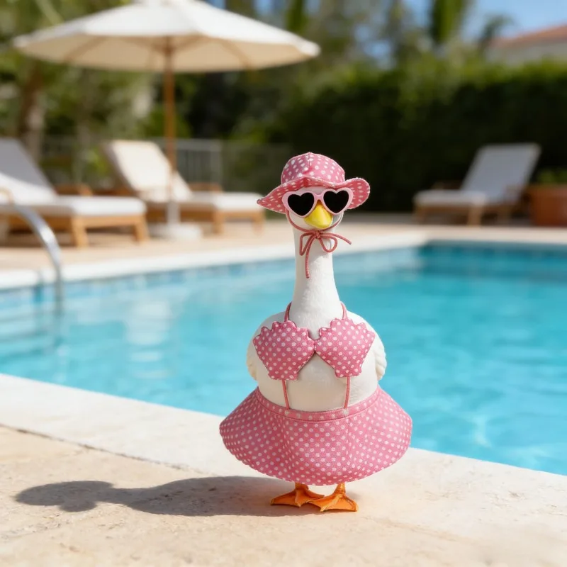 Pink Hawaiian Porch Goose Outfits, White Polka Dot Pattern Suit with Sunglasses And a Hat Applicable to 23 Inch for Cement Goose Outdoor Garden Yard Decor view 4