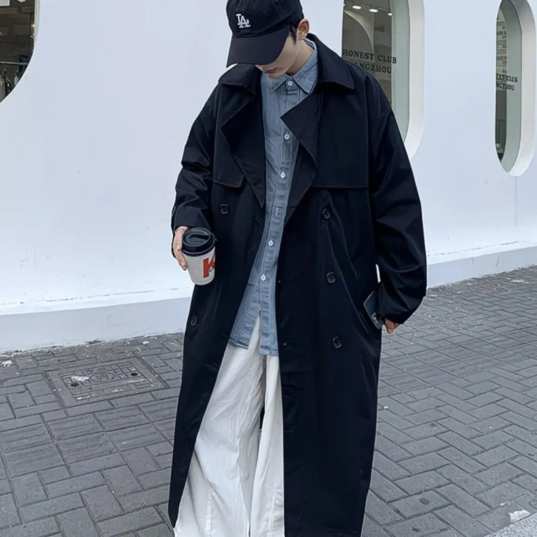 

Мужская осенняя ветровка Cargo Trench в корейском стиле, однотонная, свободного кроя, в стиле Харадзюку, модная, двубортная, универсальная