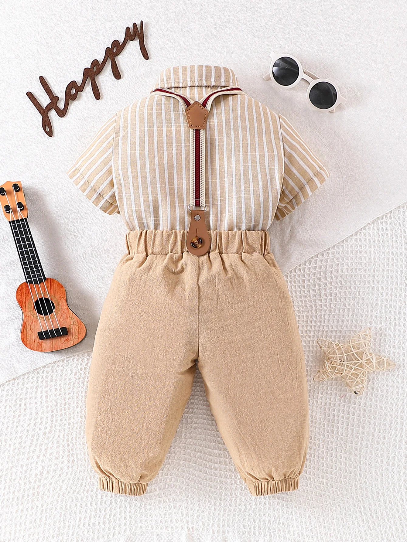 Two piece boy gentleman style vertical short sleeved shirt with bow tie decoration and detachable shoulder strap pants set