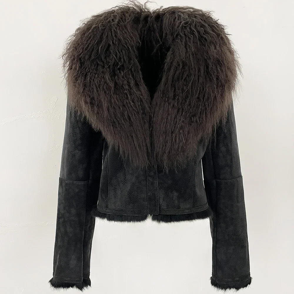 OFTBUY Real Mongolian Sheep Fur Coat Long Sleeve Rabbit Fur Warm Autumn Winter New 2025 Lining Suede Fashion Fur Jacket Women