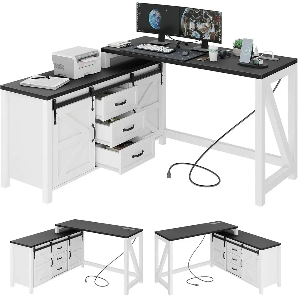 

Угловой офисный стол для руководителя с розеткой, деревенский стиль, двусторонний компьютерный стол с тумбой для хранения, двойными раздвижными дверцами