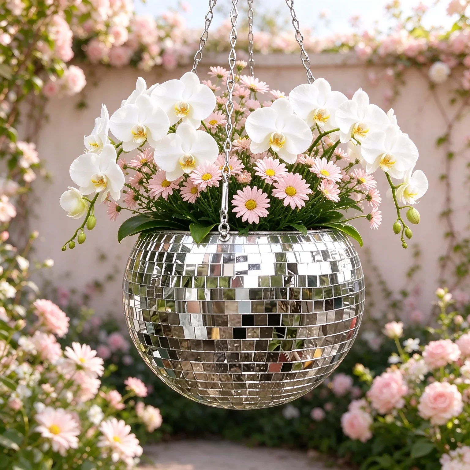 Disco Ball Hanging Planter with Chain, Mirror Flower Pot for Succulents, Boho Indoor Room Decor, Cute Gift for Plant Lovers