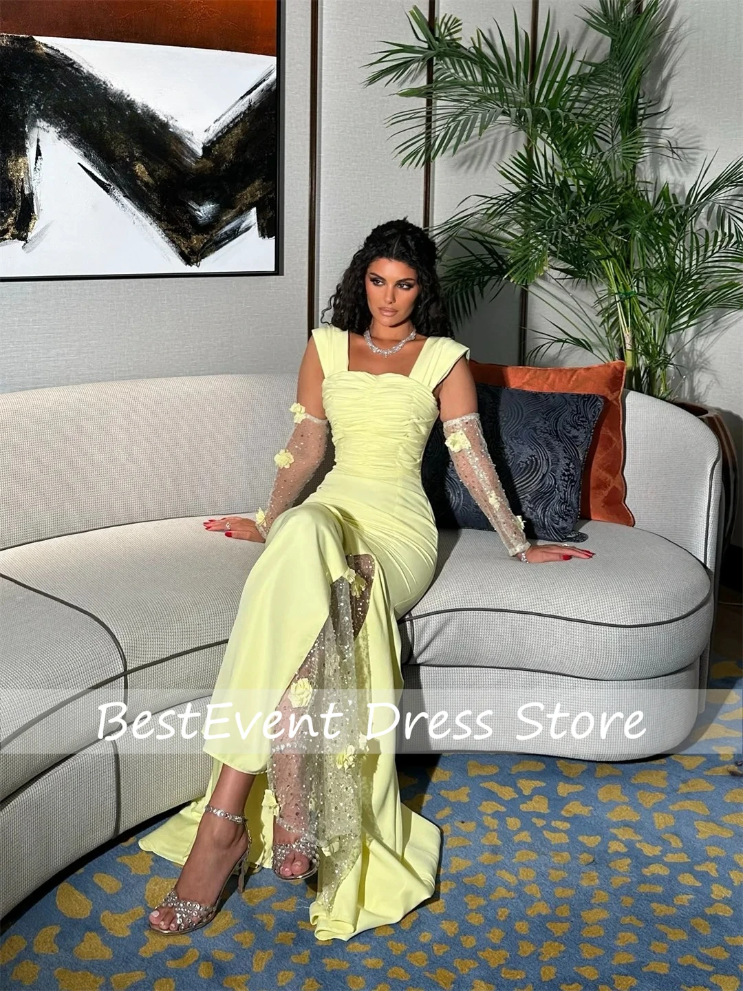 

Customized Yellow Sequare Collar Evening Dresses for Woman Elegant Party Dress Mermaid with Floral Lace Side Slit Bridal Gown